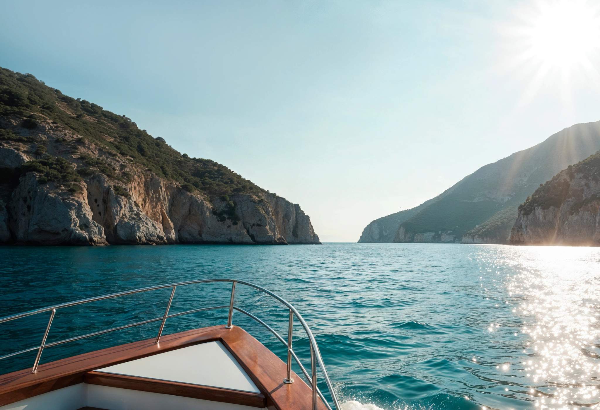 Vue depuis un yacht luxueux naviguant entre des falaises rocheuses en Méditerranée
